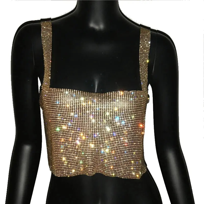 Bling Rhinestones Party Crop Top 2023 Fashion Solid Backless Straps Full Diamonds Sequins Cami Cropped Glitter Top for Women - J&M Cheap Store