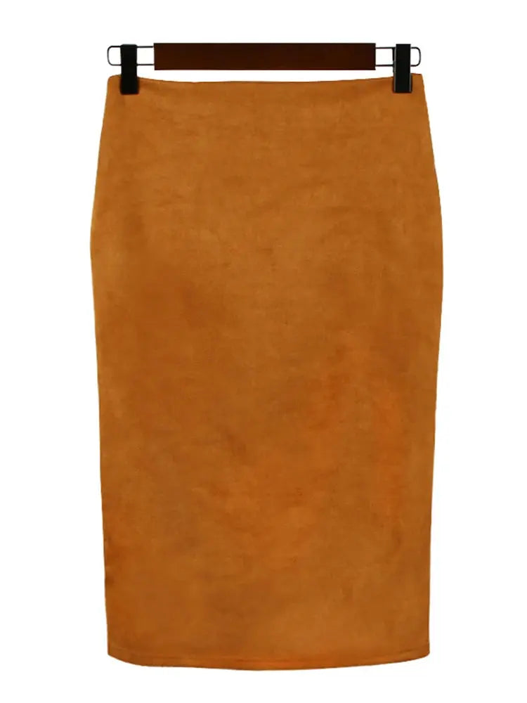 Sexy Multi Color Suede Midi Pencil Skirt Women 2024 Fashion Elastic High Waist Office Lady Bodycon Skirts Saias - J&M Cheap Store