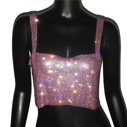 Bling Rhinestones Party Crop Top 2023 Fashion Solid Backless Straps Full Diamonds Sequins Cami Cropped Glitter Top for Women - J&M Cheap Store