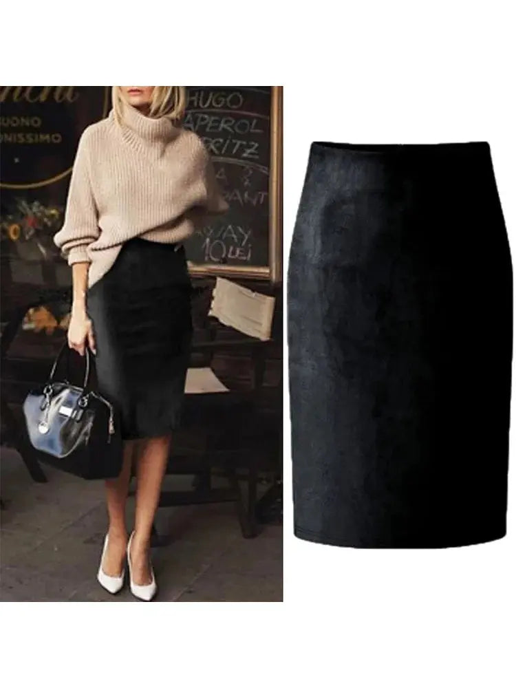 Sexy Multi Color Suede Midi Pencil Skirt Women 2024 Fashion Elastic High Waist Office Lady Bodycon Skirts Saias - J&M Cheap Store