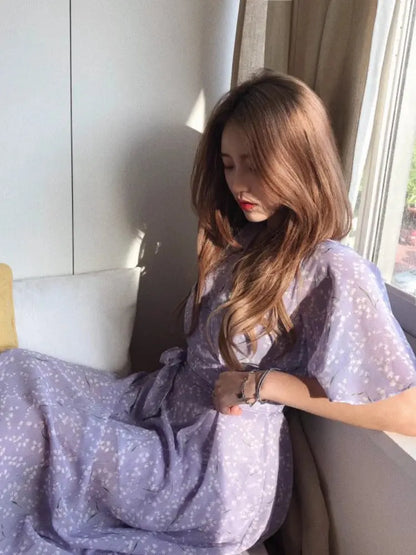 Summer Women Dress Floral Print Long Chiffon Evening Female Vintage Maxi Party Beach Woman Dresses Casual Prom Purple Maxi - J&M Cheap Store