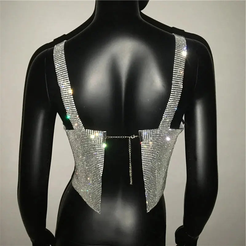 Bling Rhinestones Party Crop Top 2023 Fashion Solid Backless Straps Full Diamonds Sequins Cami Cropped Glitter Top for Women - J&M Cheap Store