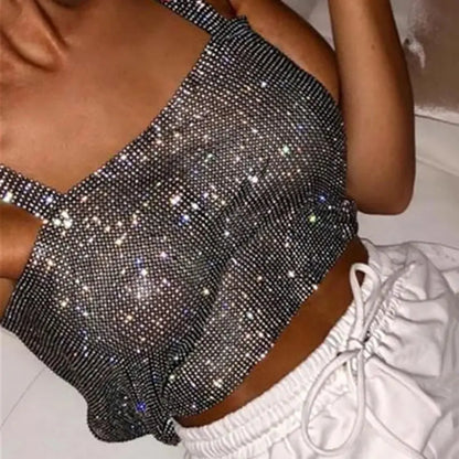 Bling Rhinestones Party Crop Top 2023 Fashion Solid Backless Straps Full Diamonds Sequins Cami Cropped Glitter Top for Women - J&M Cheap Store