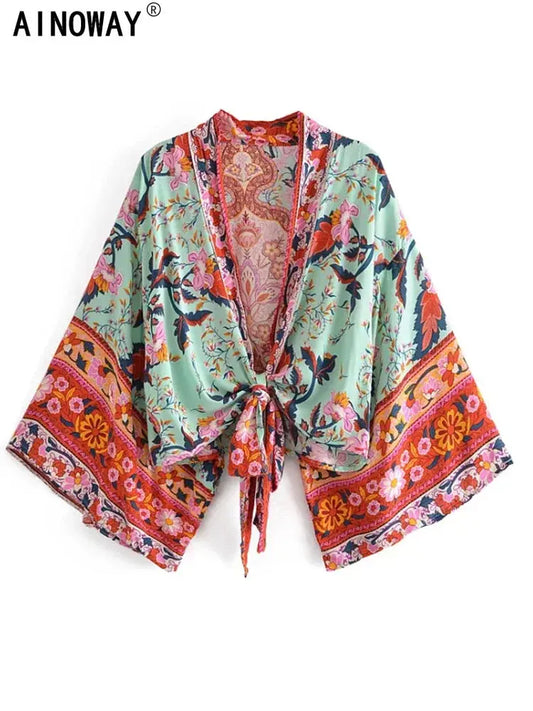 Boho Vintage Floral Print Beach Summer Short Kimono Women Fashion Ladies Casual V Neck Batwing Sleeves Bohemian Cover-ups - J&M Cheap Store