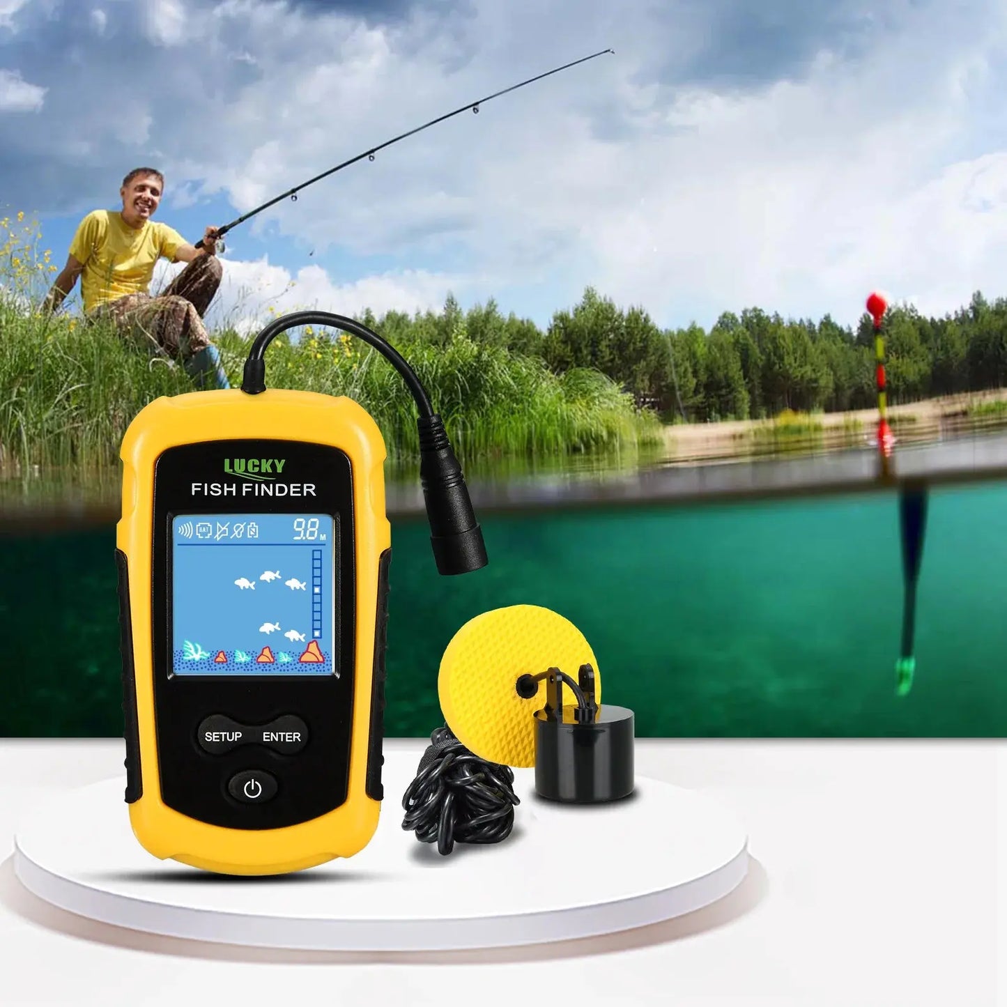 FFC1108-1 Alarm 100M Portable Sonar Fish Finders 45 degrees Sonar Coverage Echo Sounder Alarm Transducer Lake Sea Fishing J&M Cheap Store