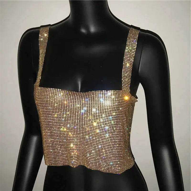 Bling Rhinestones Party Crop Top 2023 Fashion Solid Backless Straps Full Diamonds Sequins Cami Cropped Glitter Top for Women - J&M Cheap Store