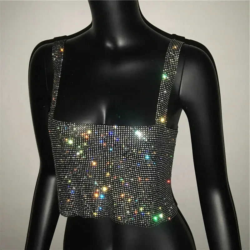 Bling Rhinestones Party Crop Top 2023 Fashion Solid Backless Straps Full Diamonds Sequins Cami Cropped Glitter Top for Women - J&M Cheap Store