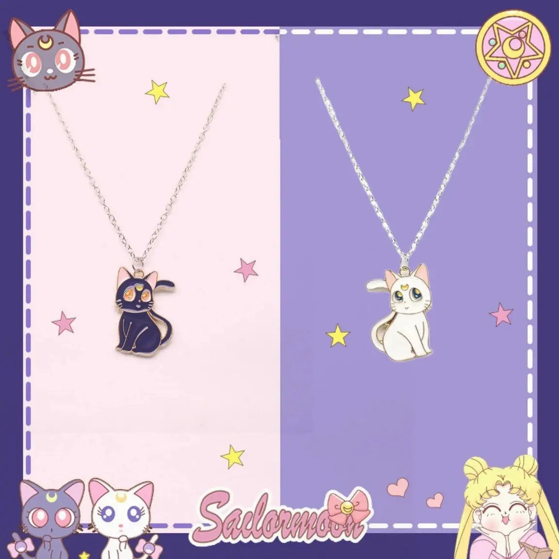 Fashion Sailor Moon Cat Pendant Necklace for Women Cute Anime Geometry Titanium Steel Couple Sweater Chain Jewelry Lover Gifts J&M Cheap Store