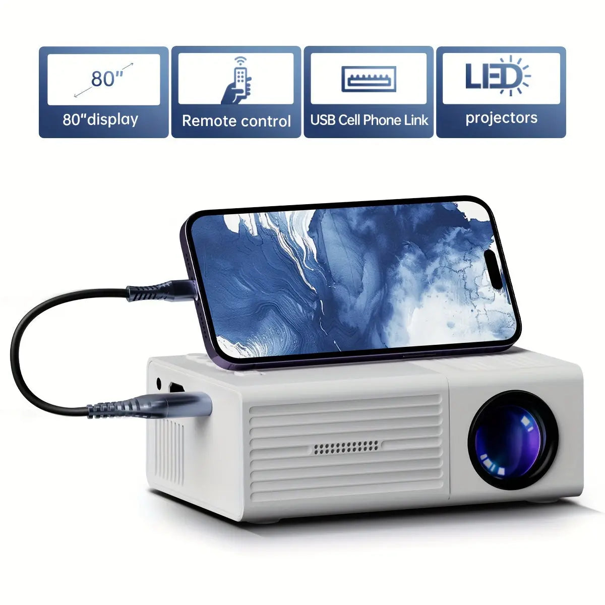 Portable Projector, Supporting 1080P, with USB Interface And Remote Control, Compatible with Smartphones/Tablets/Laptops/Tv Sticks/Usb Drives J&M Cheap Store