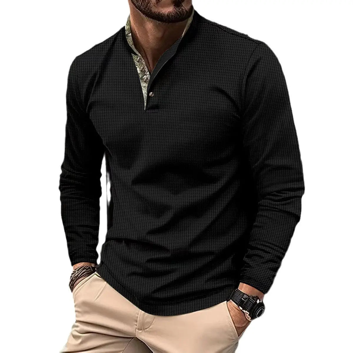 Men's Double Layer Lapel Polo Shirt Fashion Waffle Long-sleeved Tops Clothing J&M Cheap Store