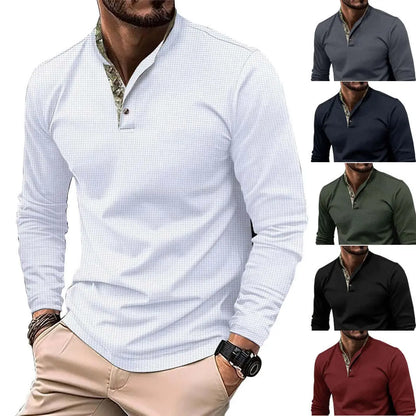 Men's Double Layer Lapel Polo Shirt Fashion Waffle Long-sleeved Tops Clothing J&M Cheap Store